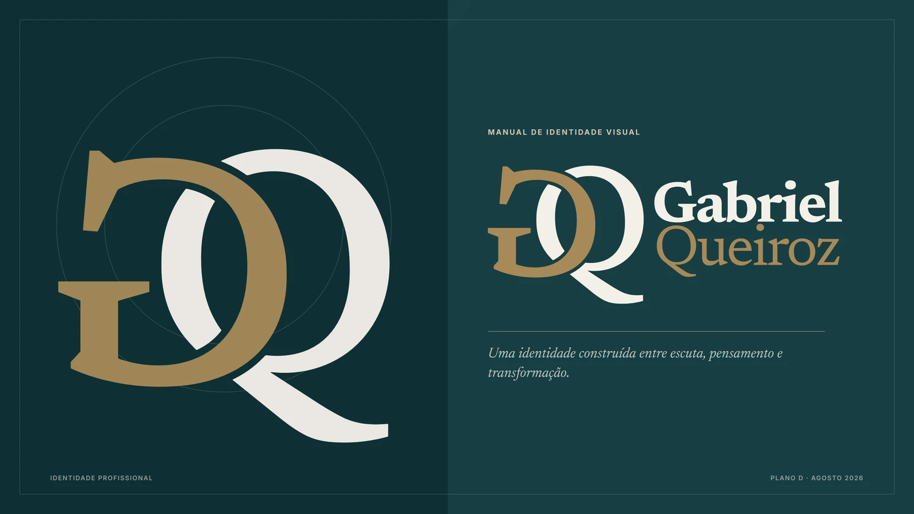 Capa do manual de identidade de Gabriel Queiroz: monograma GQ e assinatura em petróleo, papel e dourado