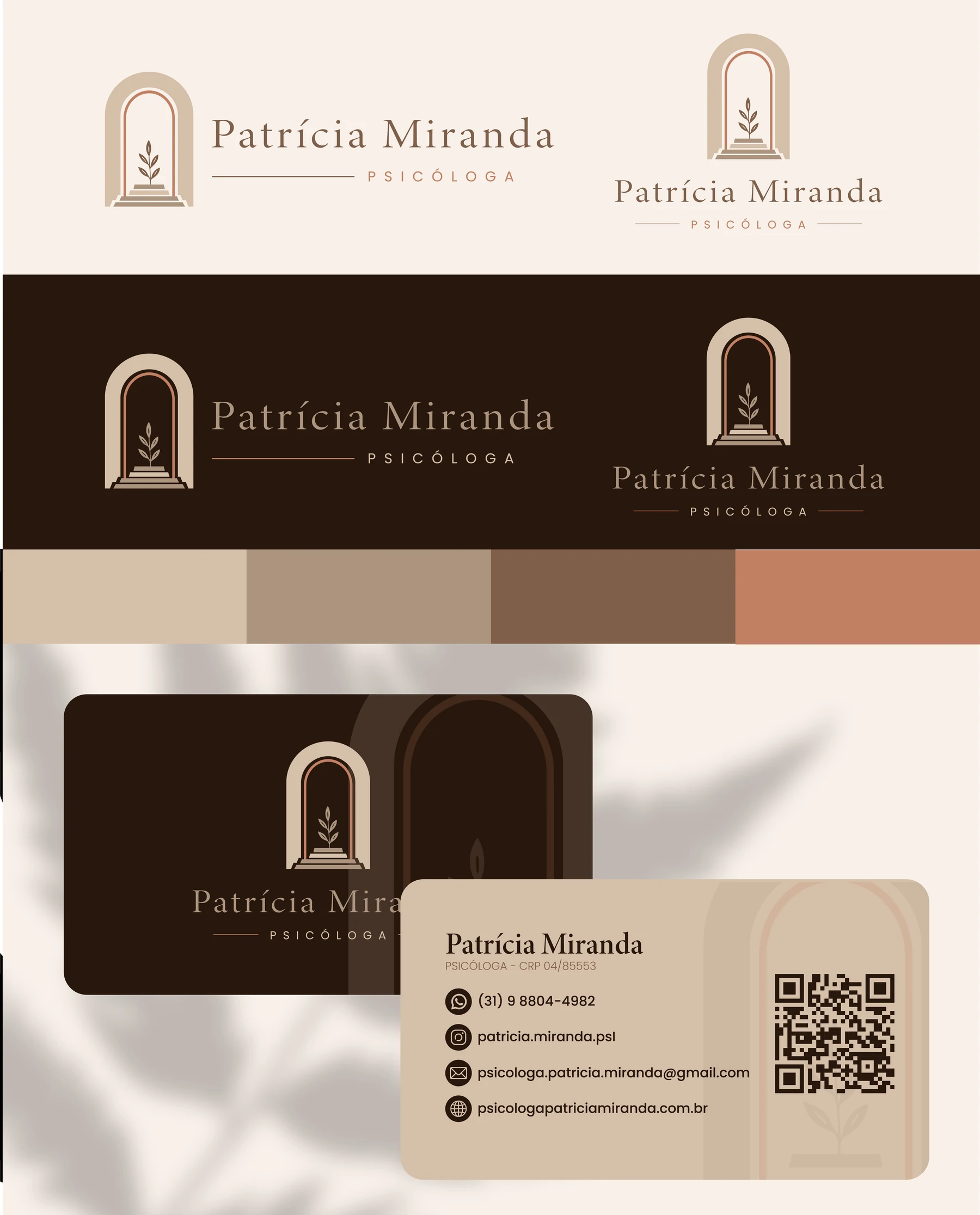 Apresentação original da identidade de Patrícia Miranda com assinaturas, paleta terrosa e aplicações em papelaria