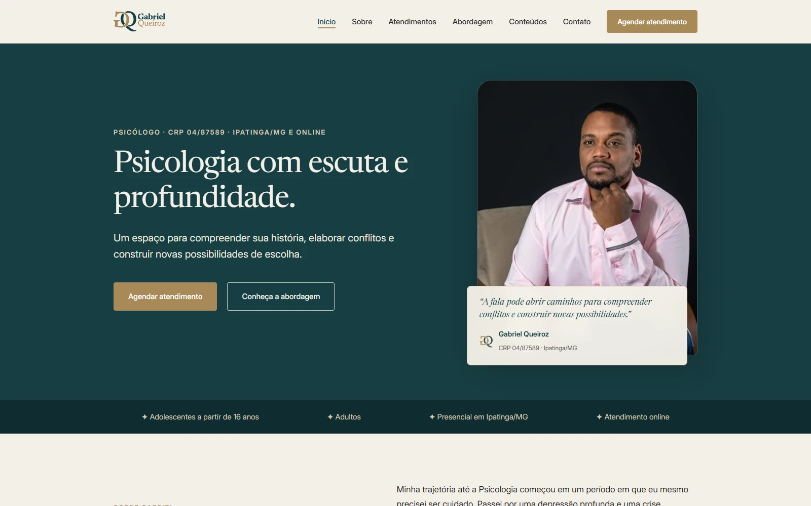 Site de Gabriel Queiroz com fundo petróleo, fotografia profissional e navegação para apresentação e conteúdos