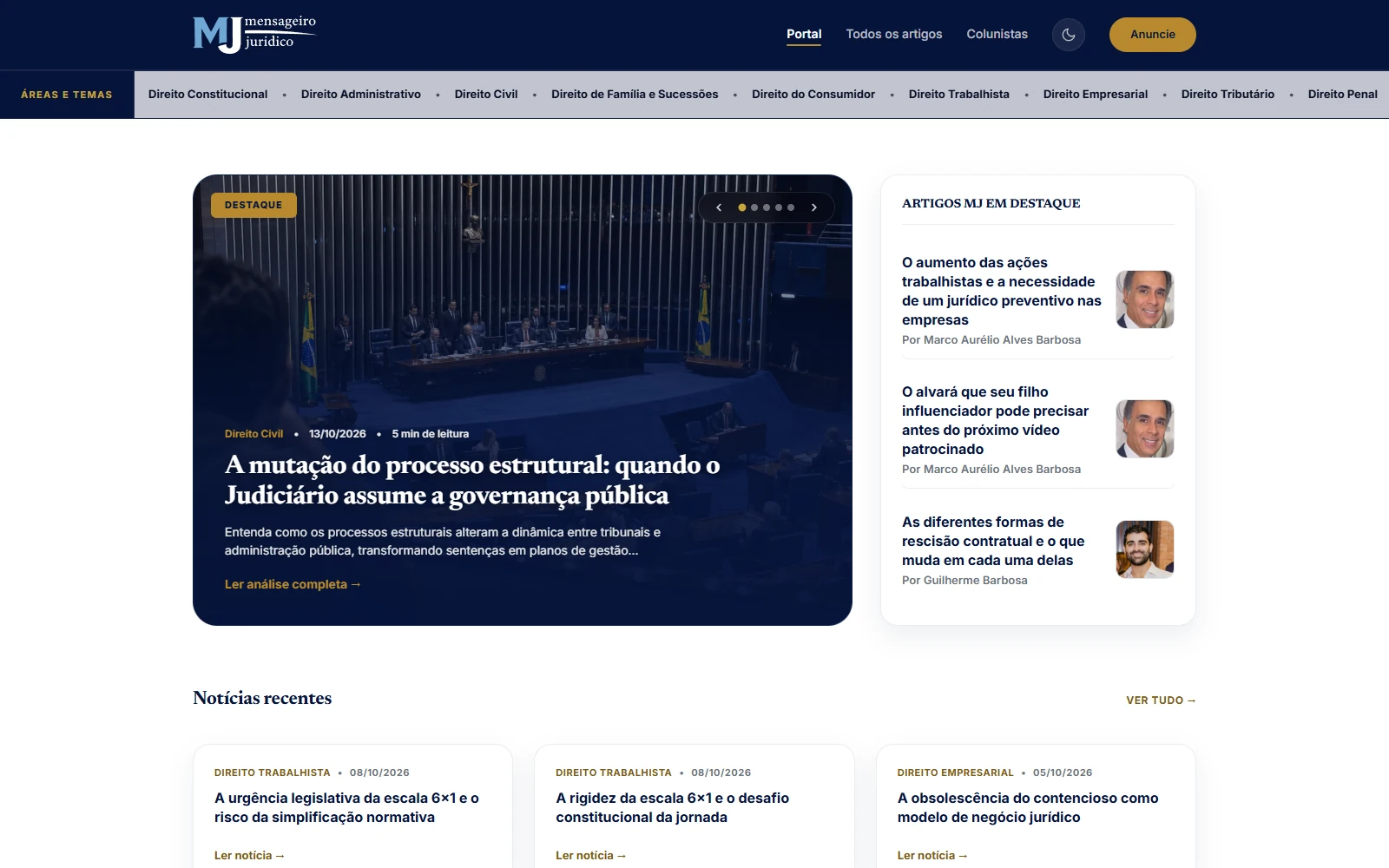 Portal público Mensageiro Jurídico com destaques, artigos e navegação por áreas do Direito
