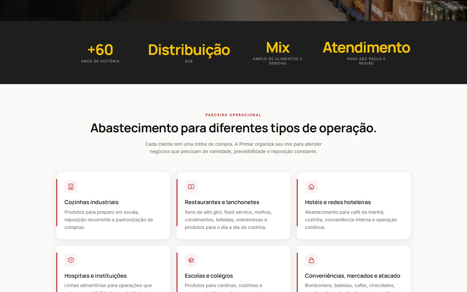 Trecho abaixo da abertura do site de Primar Alimentos