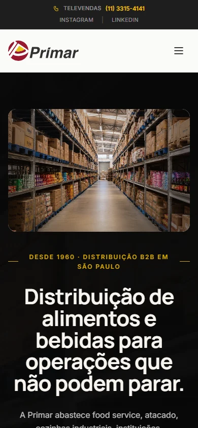 Abertura real do site de Primar Alimentos no celular