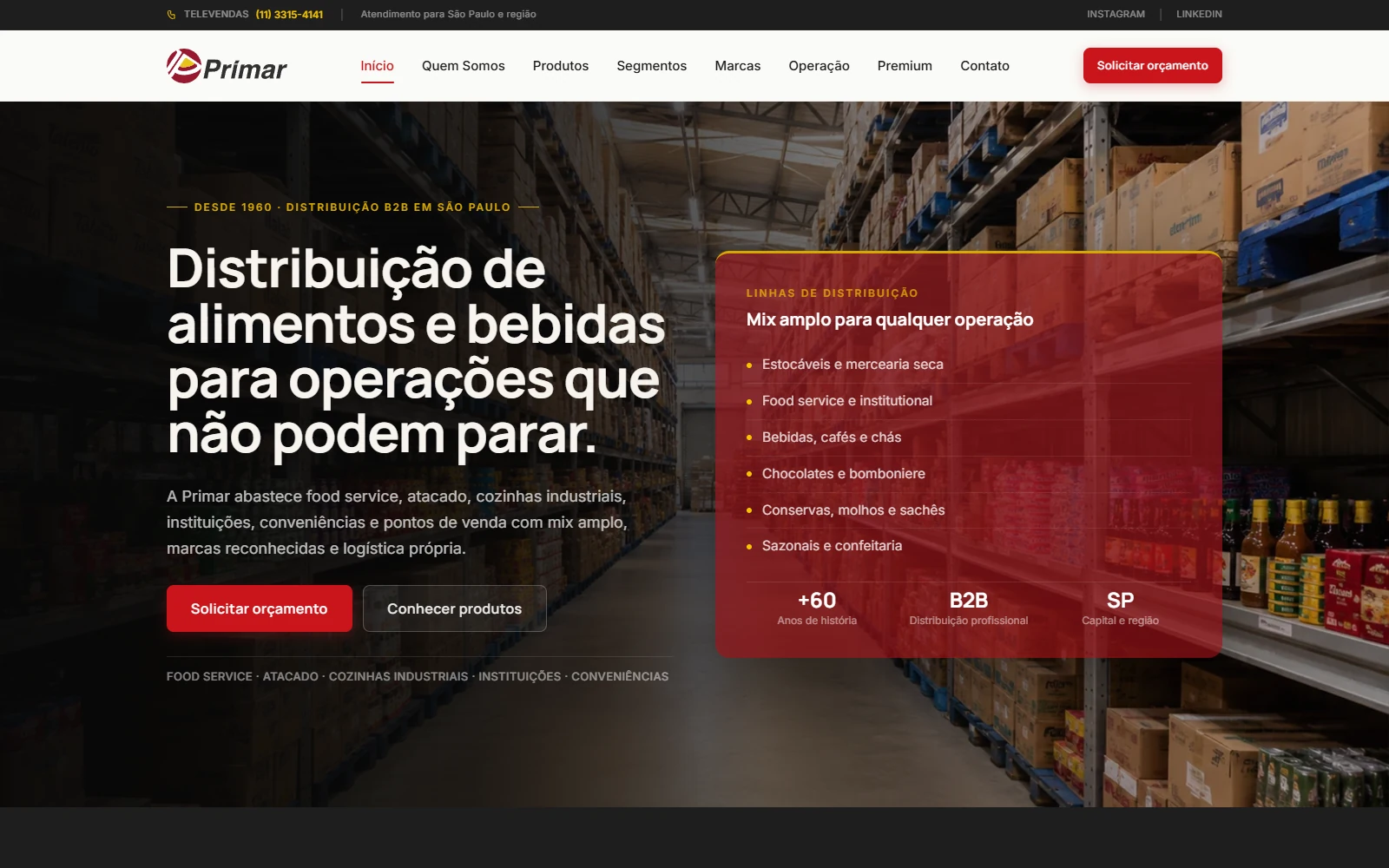 Website institucional da Primar Alimentos com operação logística em destaque e navegação comercial