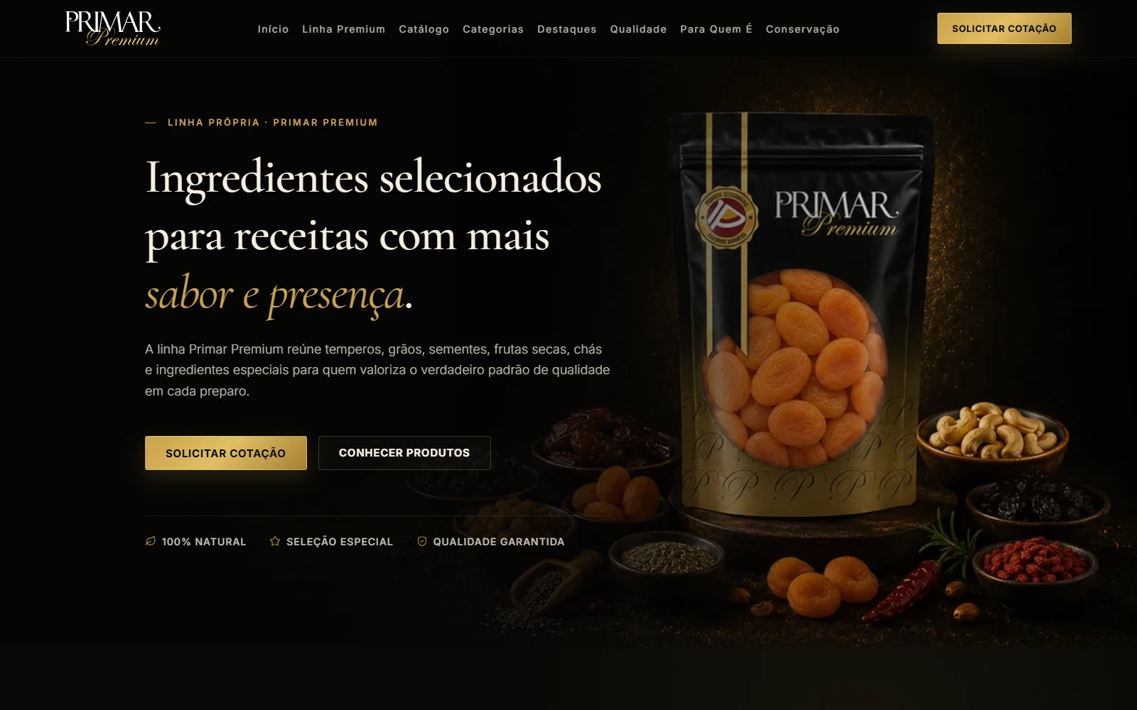 Site real da Primar Premium: embalagem em destaque, fundo escuro e tipografia editorial dourada
