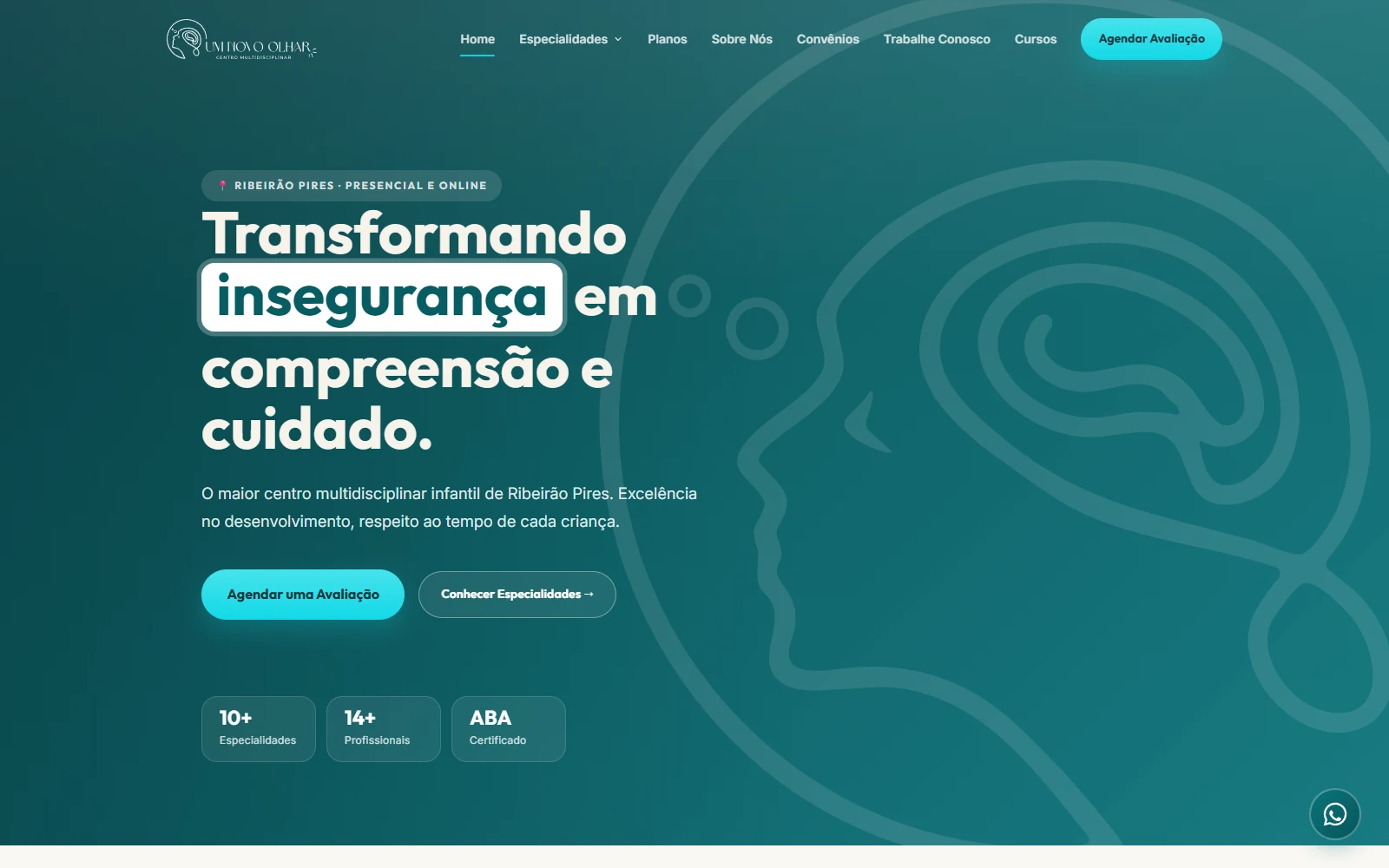 Página pública da Um Novo Olhar com linguagem visual em turquesa, serviços e caminhos para famílias
